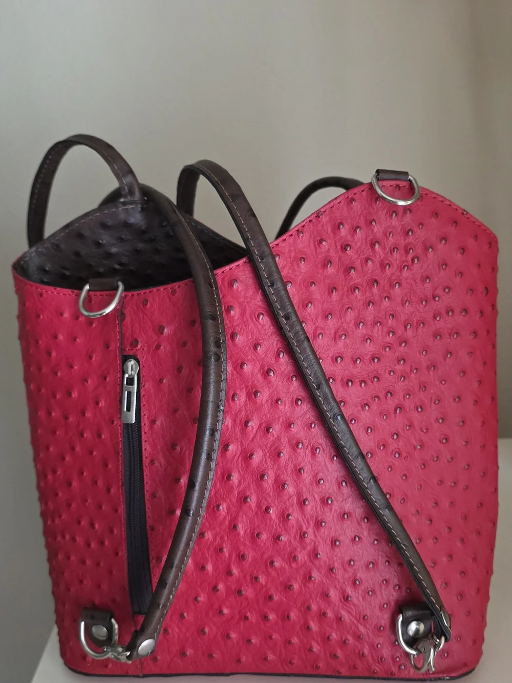 Bera Pelle Red Ostrich-Embossed Leather Backpack Shoulder Bag